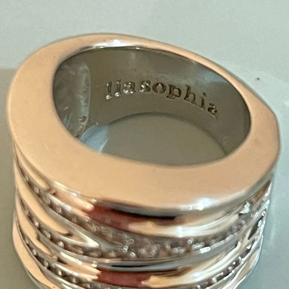 Lia Sophia Ring Revved Up Wide Wavy Silver Crystals Statement Glam Bling Size 7